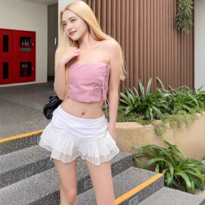 Women's New Sweet Girl Pleated Lace-up Stitching Mesh Slimming Skirt