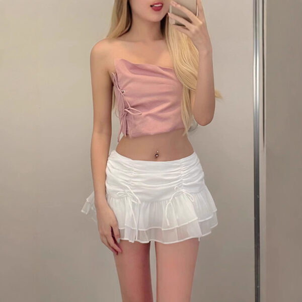 Women's New Sweet Girl Pleated Lace-up Stitching Mesh Slimming Skirt - Image 3