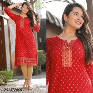  Straight Kurti  Fabric : Rayon  Sleeve Length : Three-Quarter Sleeves  Pattern : Printed  Combo of : Single
